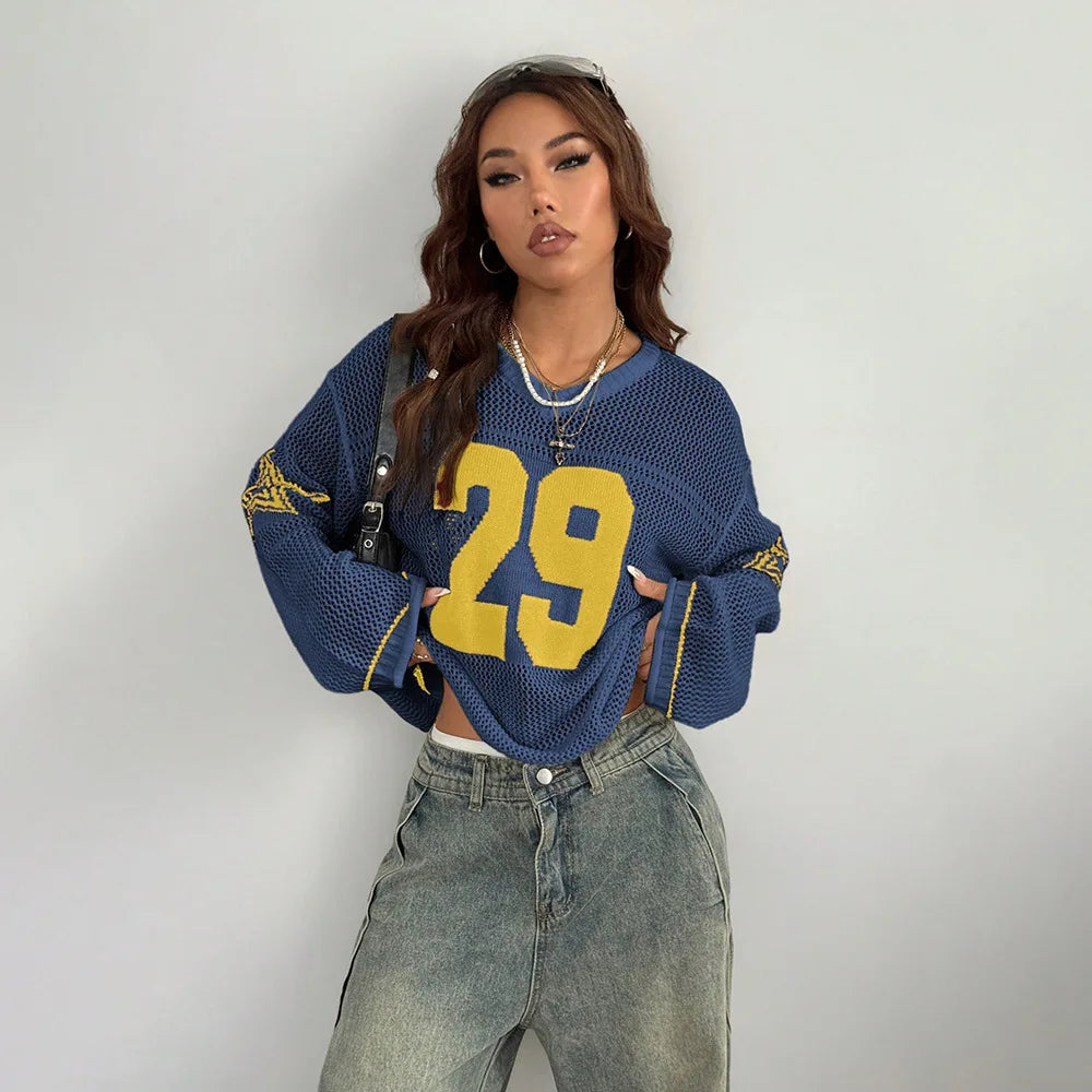 Y2K Style Sports Jersey Women'S Knitted Tops Fashionable Digital Printed round Neck Long Sleeve Jumper 2025 Summer Street Trend
