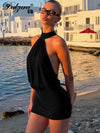 Summer Fashion Sexy Halter Sleeveless Lace up Backless Bodycon Mini Dress Women'S Solid Elegant Party Club Street Outfit