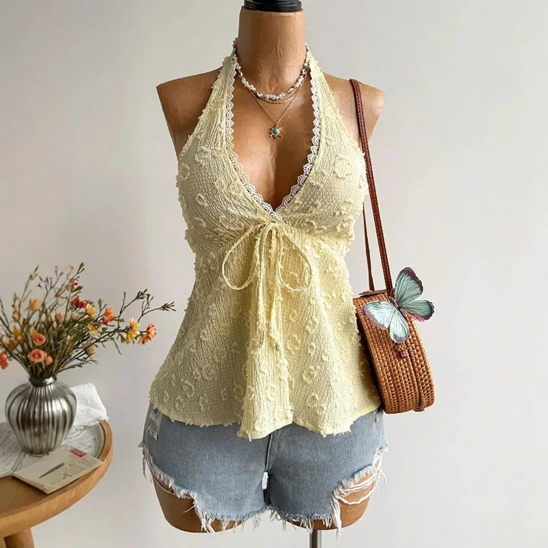 "Women'S Summer V-Neck Lace up Exposed Neck and Backless Casual Vacation Easter Beach Clothing Hawaii Coachella Music Fes"